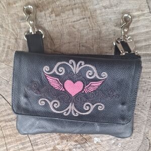 Black With Winged Heart Leather Womens Belt Bag